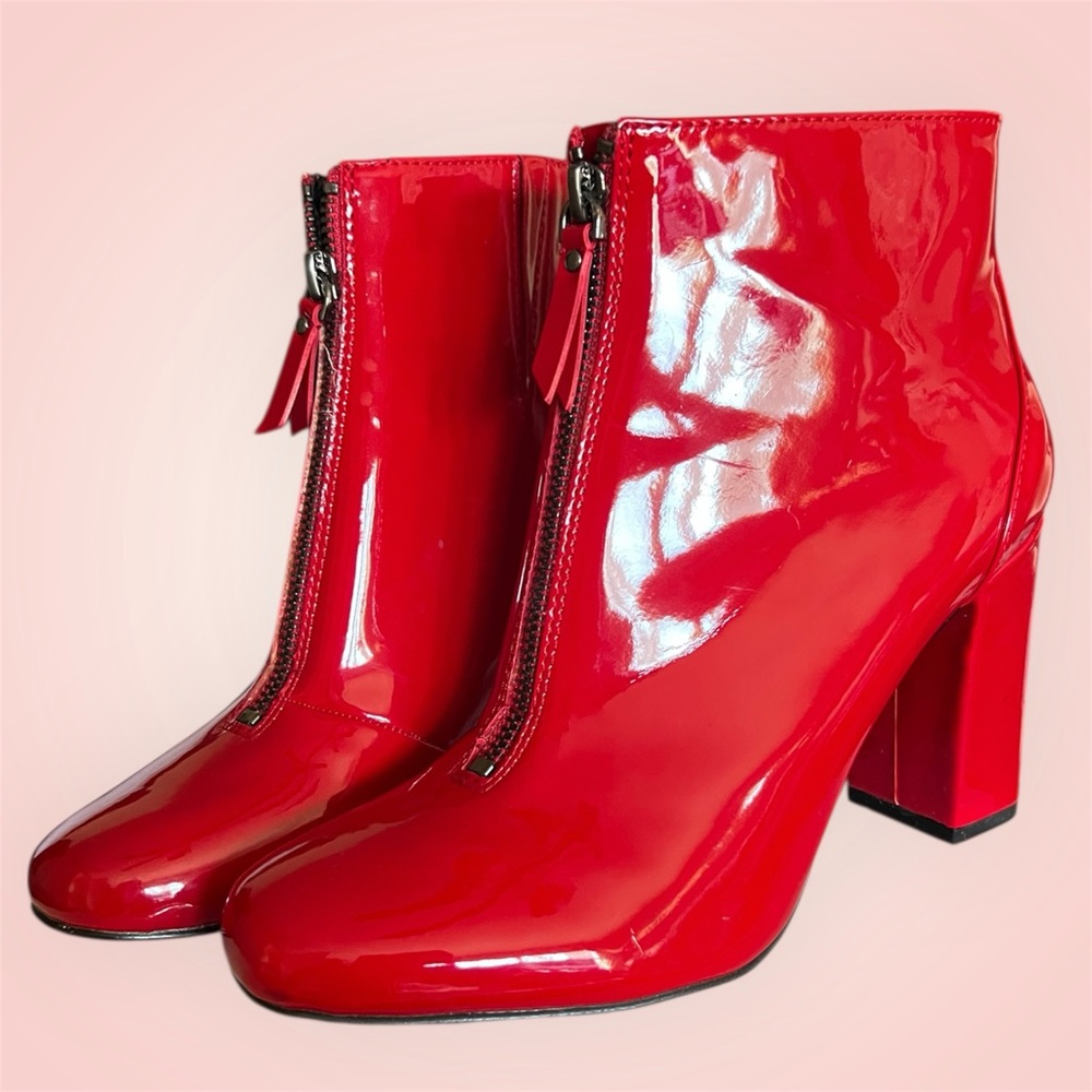 Tahari Red Patent Front-Zip Block Heel Booties